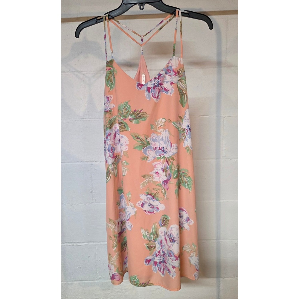 INTERI Women Flowy Tropical Peach Strappy T-Back Mini Dress Boho Summer Festival
